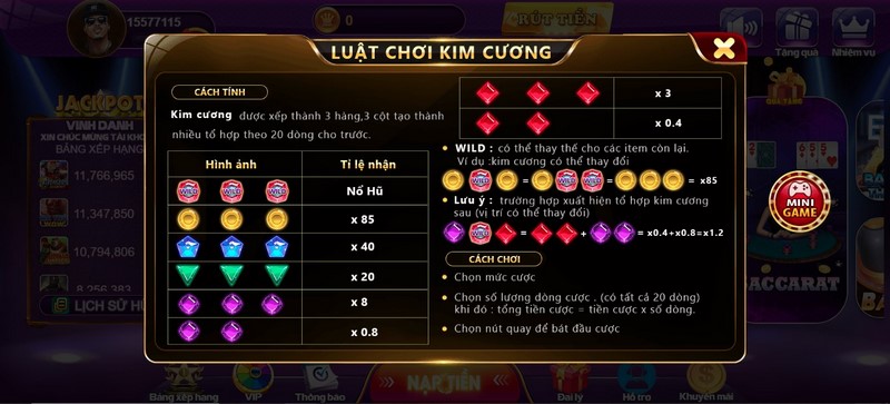 Những tổ hợp ăn thưởng đặc biệt có ở game kim cương 68gamebai