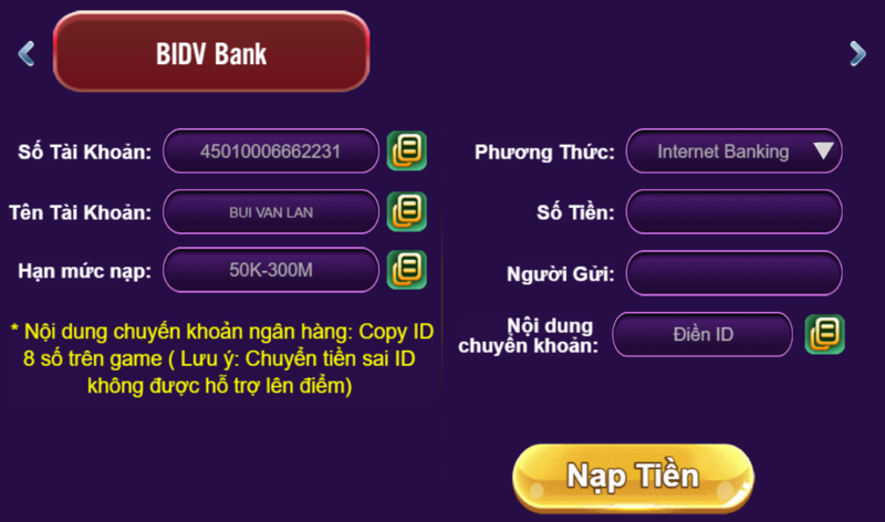 Nạp tiền vào tài khoản 68 game bài qua Ngân hàng không mất phí